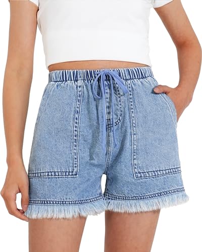 Image of BOOPH Girls Jean Shorts Denim Elastic Waist Drawstring Short for Teen Girl