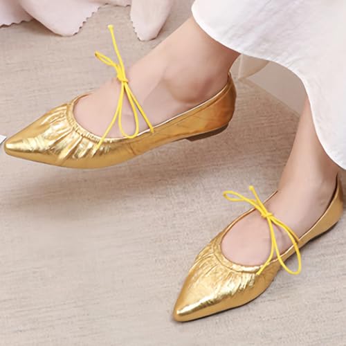 Elegant Lace-up Pointed-Toe Ballet Flats for Women with Criss-Cross Strap Design Soft-Surfaced Metallic Leather Upper Comfort Casual2