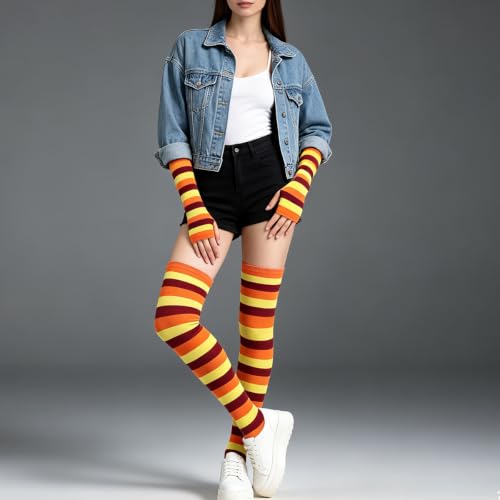 Image of YELAIVP Over Knee Rainbow Thigh High Socks Gloves Set Cosplay Accessories Arm Leg Warmers for Girls
