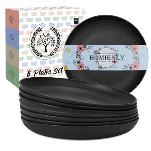 Image of Homienly Wheat Straw Plates Set - 11 inch Reusable Large Dinner Plates Set of 8, Lightweight Unbreakable Salad Plates, Microwave and Dishwasher Safe Plates, Deep Plates for Dinner, Camping - Black