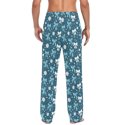Mens Cotton Pajama Pants Sleep Lounge Pj Bottoms Sleepwear with Pockets Drawstring S White Blue Bow Snowflakes3