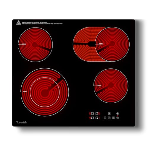 Topwish placa vitroceramica 4 fuegos, placa de vitrocerámica 60cm, vitrocerámica encastrable 6600W, con zonas dobles y ovaladas, Cierre de seguridad, Indicador de superficie caliente, sin enchufe