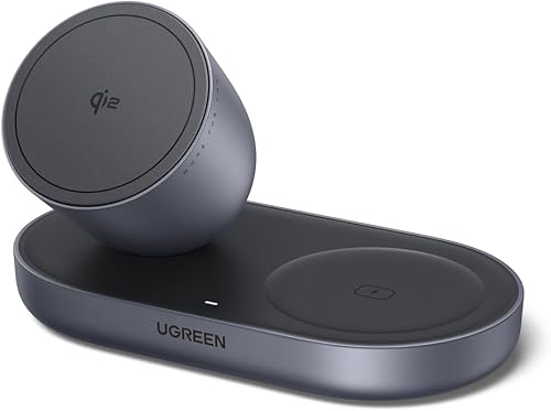UGREEN Qi2 15W Wireless Charger 2-in-1, MagSafe Compatible Fast Charging Stand for iPhone 17 16 15 14 13 12 Series and AirPods, Fixed Viewing Angle, Compact Desktop Charging Station