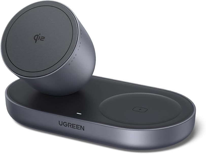 UGREEN Zapix 2-in-1 Magnetic Wireless Charger, Qi2-Certified iPhone Charging Station Compatible with MagSafe for iPhone 17/16/15/14/13/12 Series and AirPods, 15W, with 1 m Cable