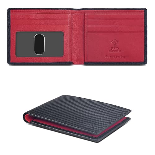 Image of Oak Leathers Slim Leather Wallet for Men - RFID Blocking Slim Minimalist Front Pocket - Thin & Stylish with ID Window, Gift For Men (Black Carbon /Red)