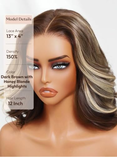 Image of Beauty Forever Bob Wig Human Hair Dark Brown with Honey Blonde Highlights 13x4 HD Lace Glueless Wig,Layered Wavy Short Bob with Drawstring,Pre Cut Plucked Bye Bye Knots,150% Density Ready to Go 12inch