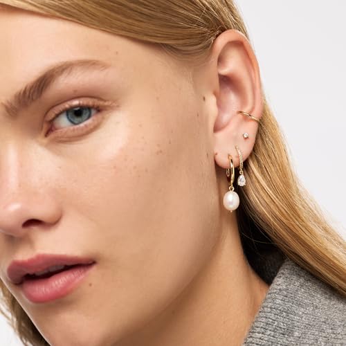 Image of Ana Luisa Frida Pearl Jewelry Huggie Hoops - Medium & Small 14K Gold Plated & Silver Rhodium Plated Drop Hoop Earrings with Freshwater Pearls - 2-in-1 Hypoallergenic Water-Resistant, Tarnish-Free Hoop