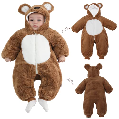 Image of SJYIH Thickened Neutral Bear Zip-up one-Piece for 0-10 Months Infants, Applicable for Sleeping Bag, Coat, or Swaddling Blanket - The Best Essential Gift for Newborns (Brown)