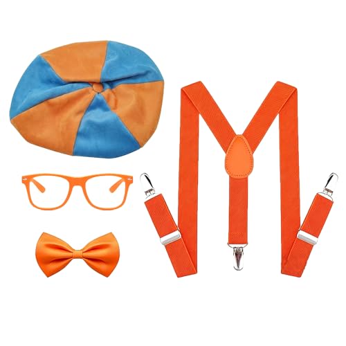 i-Beeboo Blue and Orange Costume Accessories Set for Adult Halloween Outfits Roleplay Accessories Hat Bow Tie Glasses & Suspenders (Large)