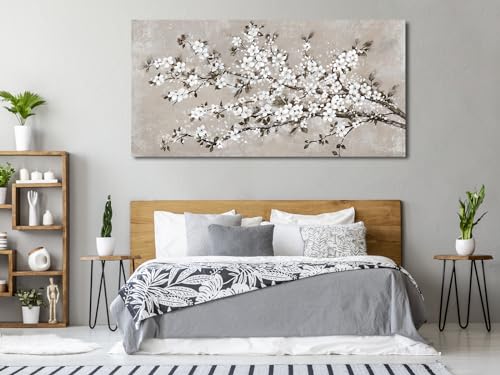 Image of VEAEE White Blossom Branches Wall Art - Floral Canvas Prints Living Room Decor Abstract Flowers Painting Canvas Pictues, Contemporary Artwork Bedroom Office Kitchen Wall Decor Ready to Hang 29 inchx58 inch