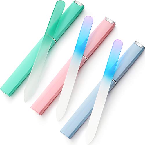 Glass Nail Files with Protective Case 3 Pieces Gradient Glass Fingernail Files Imitated Crystal Fingernail Files Double-sided Nail File Buffer Nail Manicure Set for Gentle Nail Care, 3 Colors.