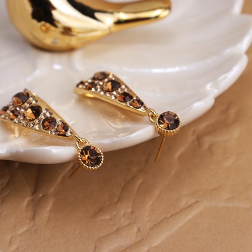 JeanBeau Gold Chunky Geometric Hoop Dangle Drop Earrings for Women, Large Statement Brown Rhinestone Circle Round Earing Dangling Prom Wedding Fashion Jewelry Gift.4