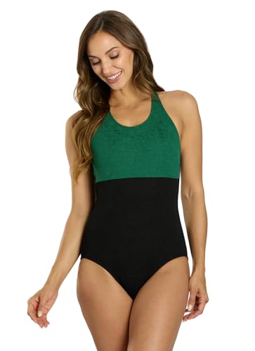 Sporti Women Tummy Control One Piece Swimsuit, Unique Textured High Neck One Piece Slimming Bathing Suits for Training Sports