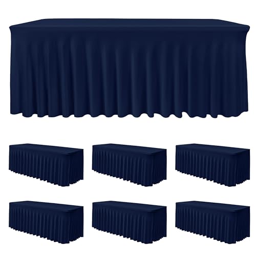 Image of HolidayIdeas 6 Pack 6ft Spandex Table Covers for Event, Fitted Stretch Table Skirts 30x72 Inch, Wrinkle-Free Floor Length Tablecloths for Weddings Parties Banquets Events, Navy