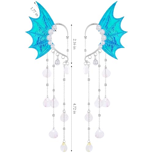 FRESHME Mermaid Elf Ear Cuffs - Fairy Ears Blue No Piercing Elven Ear Clips Wrap with Shell Tassel and Pearl Auricular Fins Dress up Mermaid Renfaire Fantasy Renaissance Cosplay Costume Accessorie3