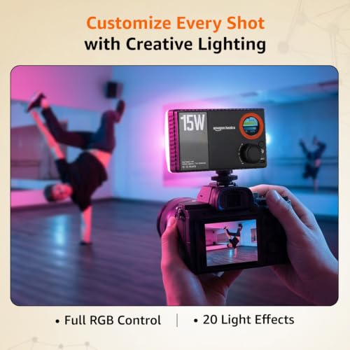Image of Amazon Basics RGB Pocket Fill Light 15W Portable LED Camera Light, 1800-9000K Bi-Color & Full RGB, 2600mAh Rechargeable On-Camera Video Light with Type-C Charging for Photography, Vlogging, Streaming