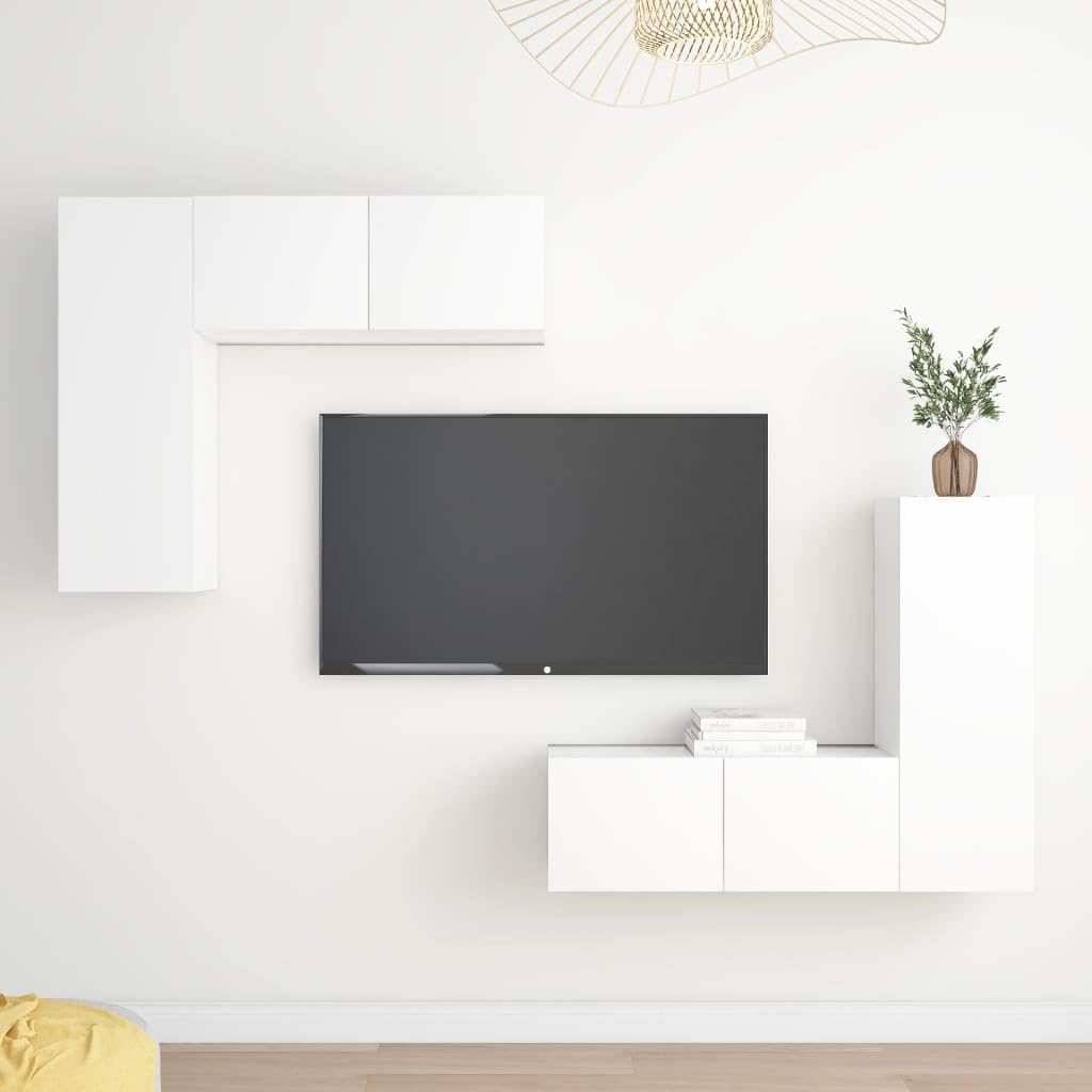 4 piezas de mueble de TV colgante blanco de madera con mucho espacio de almacenamiento, montaje en pared, ideal para almacenamiento y organización, fácil de limpiar con un paño húmedo.