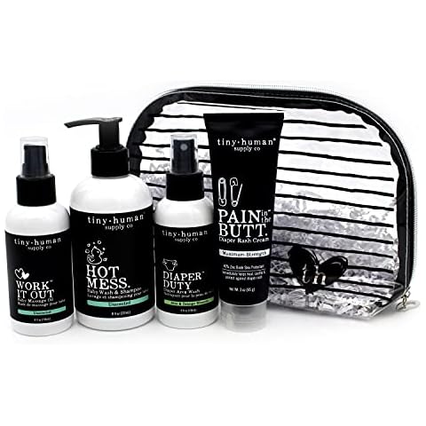 Tiny Human Supply Co New Baby Essentials Gift Set, Stripes Bag, Baby Wash & Shampoo, Diaper Rash Cream, Diaper Area Spray, Baby Massage Oil, and Bonus Tiny Human on Board Sticker Cover