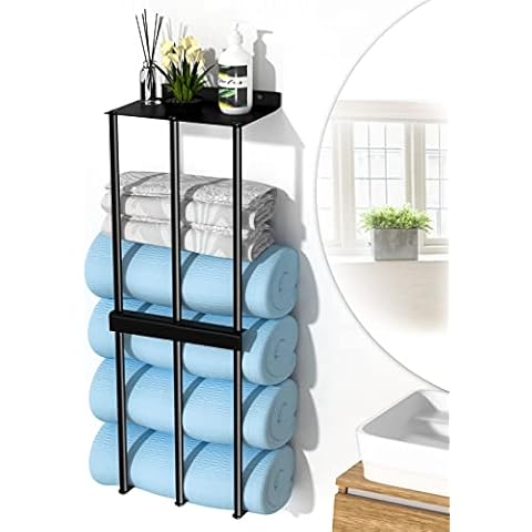BARONAGE Towel Rack for Bathroom, New Upgrade 3 Bar Wall Towel Racks for Rolled Towels, Towel Storage with Metal Top Shelf, Wall Mounted Bathroom Organizer (Black) Cover