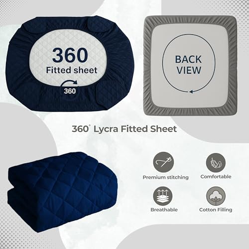 Image of TCD Waterproof Cotton Quilted - Breathable, Hypoallergenic, Noiseless Ultra Soft Fitted Bed Cover with 3 Layers of Protection, 100% Waterproof, No-Slip Design | Navy Blue, Super Queen (60 * 78)