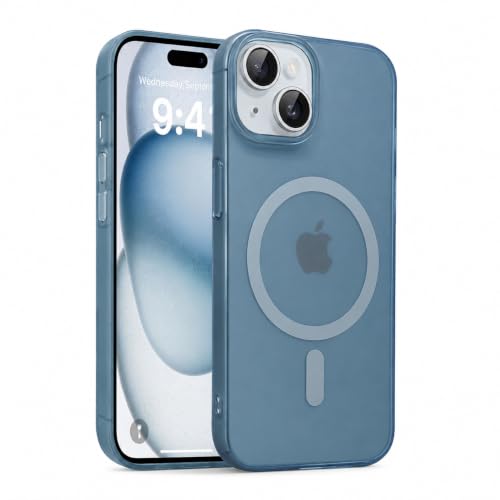Image of DIZORO Matte Case for iPhone 15 Compatible with MagSafe, Camera Lens Full Protection, Shockproof Translucent Frosted TPU Soft Phone Cover, Anti-Fingerprint (Dark Blue)