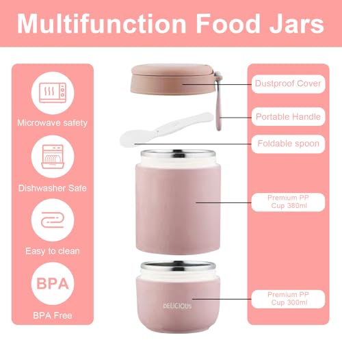 YuLiMirich 2 Stück Müslibecher To Go mit Deckel, 730ml PP-Material Porridge Becher Joghurtbecher to Go mit Löffel, Doppelschicht Auslaufsicherer Einmachgläser Perfekt für Arbeit, Schule