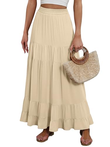 Image of ANRABESS Womens Maxi Skirt Elastic High Waist Swing Tiered A-line Flowy Pleated Boho Beach Vacation Long Skirts