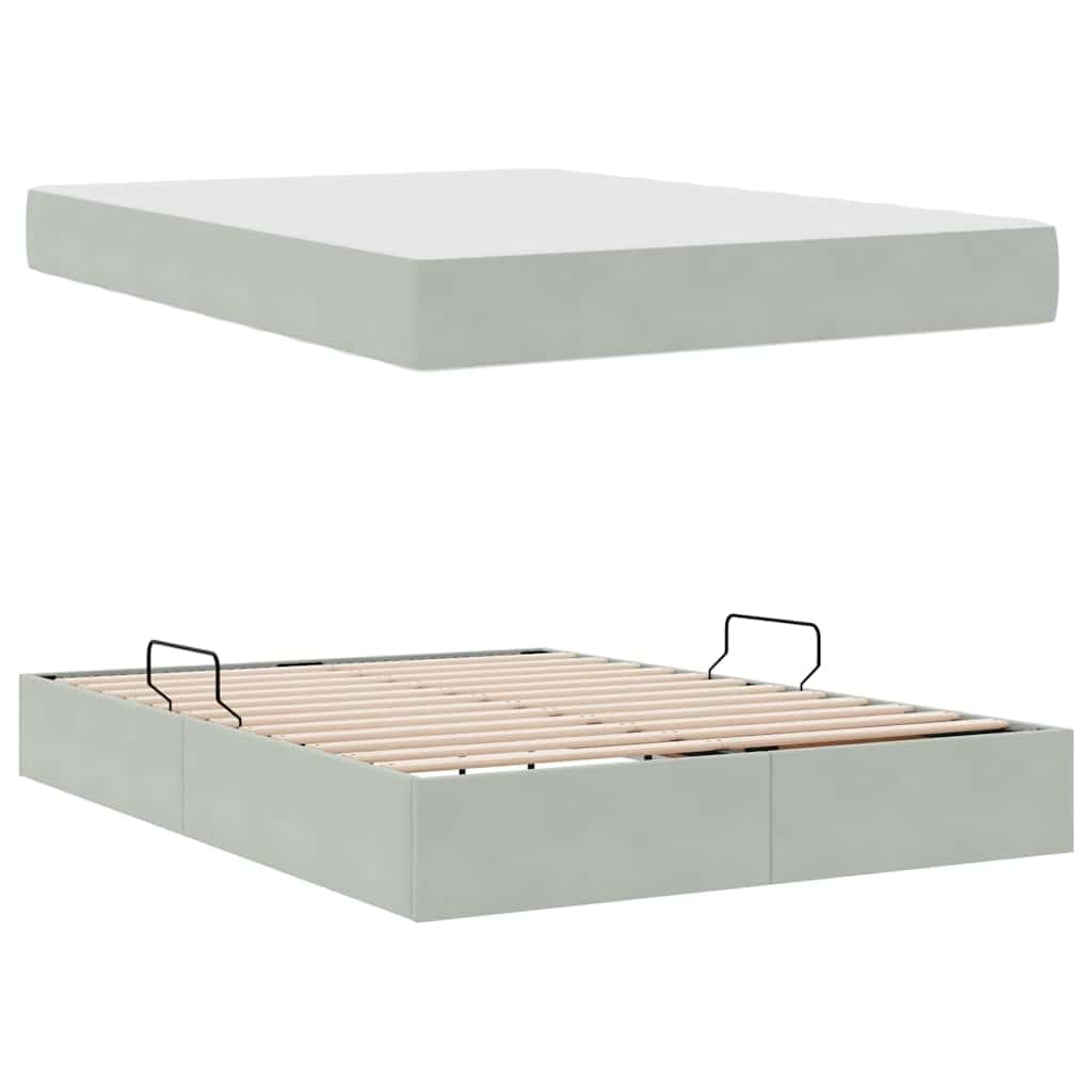 Cama de almacenamiento con colchón, gris claro, 140 x 200 cm, tela de terciopelo, cama doble con ascensor hidráulico y amplio espacio de almacenamiento para dormitorio