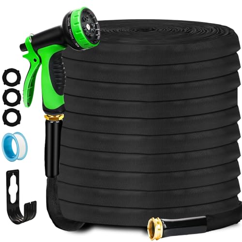 Non-Expanding Garden Hose 100FT, Lightweight Flexible Hose with 10 Function Nozzles, Leak-Proof Metal Interface, Kink Free, Wear-Resistant, Outdoor Long Hose Pipe for Car Wash, Yard, Lawn