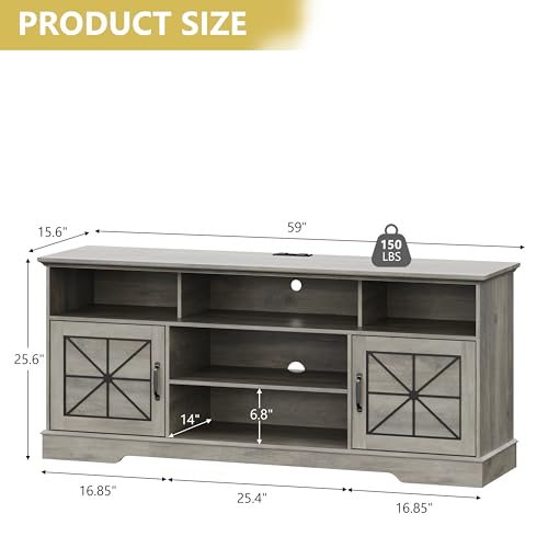 Image of Xixini Farmhouse TV Stand for 65 /60 /55 Inch Tvs, Rustic Entertainment Center with LED Lights and Power Outlets, Modern Media Console Table, Wood Television Furniture for Living Room, Bedroom, Grey