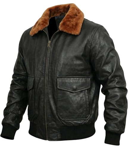 Image of Mens A2 Aviator Cockpit Bomber Leather Jacket - Distressed Pilot Jackets - G1 Fur Collar Flight Leather Jacket
