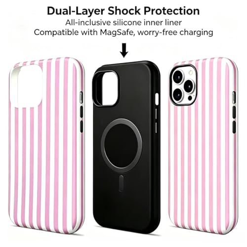 Image of for iPhone 15 Case Cute Phone Case,Compatible with MagSafe,Dual Layer Shockproof Protective Phone Cover,Hard Shell + Silicone Cover,Fashion Design for Women Girls,Striped Pink