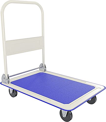 Carrello Pieghevole Tuttofare Richiudibile Portata Max 150 Kg Con 4 Ruote Carrellino Trasportatore Piattaforma Con Pianale In Acciaio E Rivestimento Antiscivolo Portapacchi 82 x 48 x 72 Cm Blu
