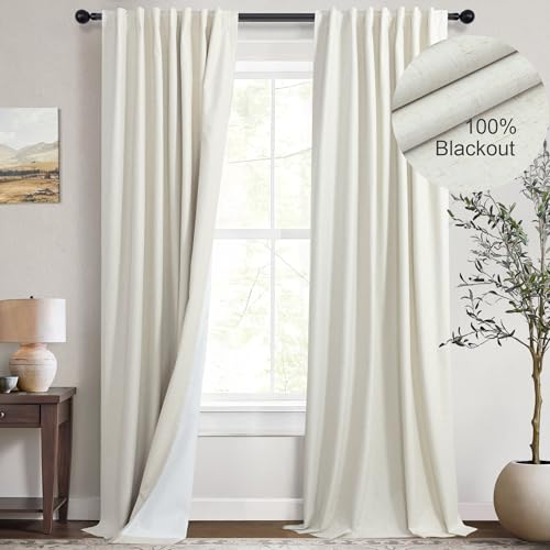 Cream Linen Blend Blackout Curtains 84 Inch Long 2 Panel Back Tab Thermal Insulated Light Blocking Curtain for Living Room Black Out Drape for Bedroom Neutral Rustic Farmhouse 52x84 Length Ivory White by DANCURTON - Used condition - US$24.91