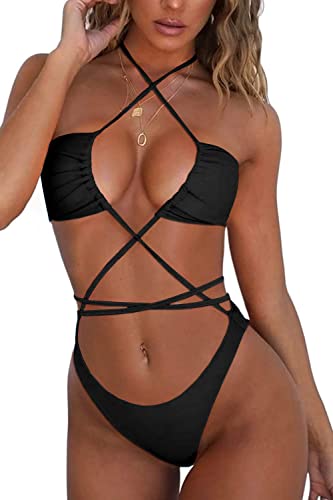 Coastal Rose Thong Bikini Swimsuit For Women Sexy Halter Sling Wrap Self Tie High Cut Cheeky Two Piece Bathing Suit Us12 Black #TOP25