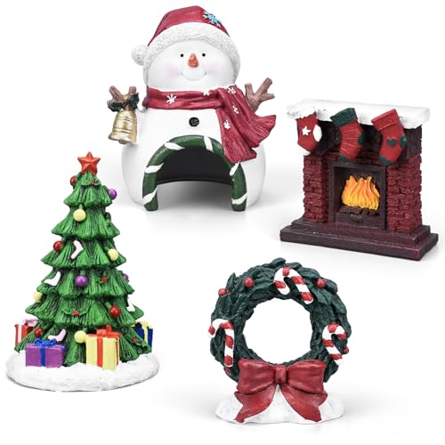 DARCKLE 4Pcs Christmas Aquarium Decorations,Resin Snowmen Figurines Aquarium Fireplace Decoration Package,Resin Wreath,Christmas Tree for Holiday Fish Tank Supplies Table Decor