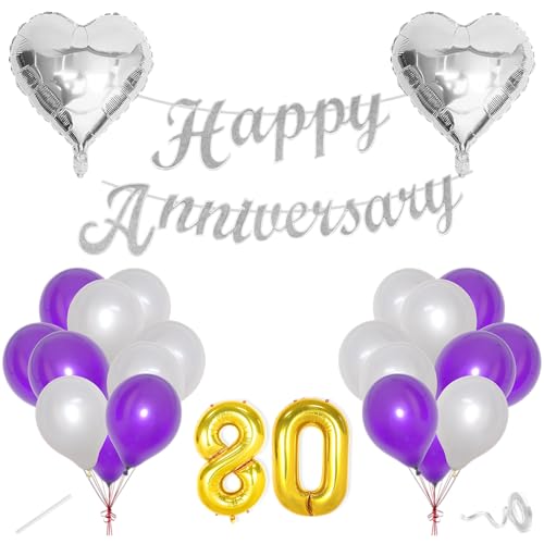 Image of Flyloons 80th Happy Anniversary Decoration Items Purple for Men Women Husband Wife Mom Dad Parent Couple Home Bedroom Car With 20 Pcs Metallic Balloons Anniversary Banner 2 Pcs Heart Set Kit
