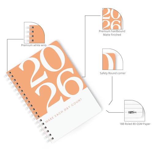 Image of PAPBOO A5 Handy, Hardcover, Hardbound 2026 Diary with Calendar, Easy to Carry White Spiral Wiro Notebook: 80 GSM Paper, Ruled, 188 Pages, Journal, Diary, Gift (Orange)