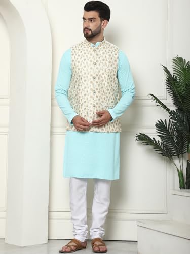Image of SOJANYA (Since 1958 Men's Cotton Linen Maroon Kurta and White Pyjama with Mustard Cotton Nehru Jacket
