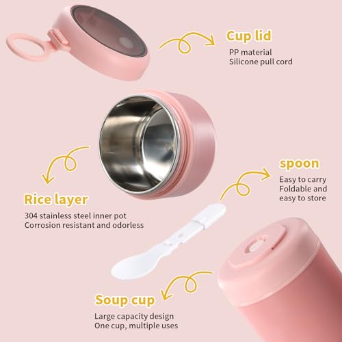 Miniatura 3 de Qingzy Termo Para Comida, 530ml 290ml Termo Comida Caliente Acero Inoxidable, Taza De Cereales Para Llevar De Doble Capa, Frasco Contenedor Térmico Con Cuchara Para Trabajo, Escuela Rosa