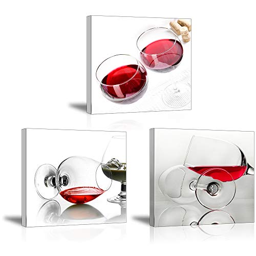 PIY PAINTING 3X Leinwand Bilder, Zwei Gläser Rotwein, Romantischer Stil Giclée-Kunstdruck auf Leinwand Art Wand für Küche Bar Décor, Bilder mit Keilrahmen zum Geburtstag Festivalgeschenk, 30x30cm