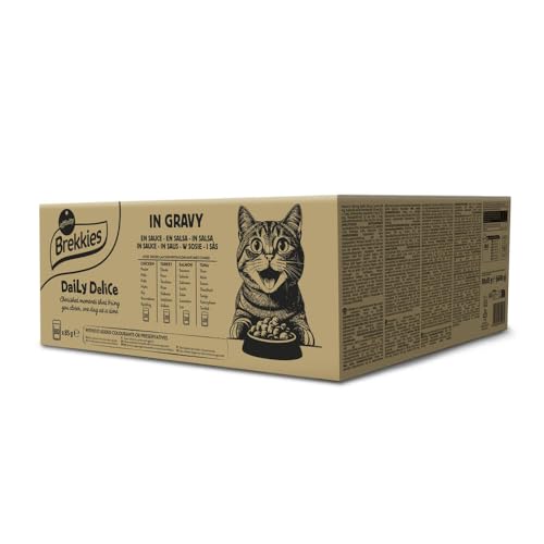 Brekkies Daily Delice Comida Húmeda para Gatos Bocaditos en Salsa (Pollo, Pavo, Salmón y Atún) - Jumbo Pack de 80 x 85g
