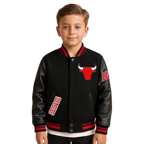 Trifoliate Boys Bulls Jacket Basketball Youth ChiTown Black Varsity Jackets For Kids (7-14)