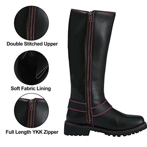 Dream Apparel Women's Harness Motorcycle Riding Boots for Biker, Square Toe Lace Up Knee High Boots with Side Zipper, Black PU Leather Footwear Ladies4
