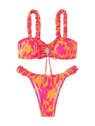Women's Floral Print Bathing Suit Ruffle Trim Tie Back Swimsuit Bikini Set 2 Piece