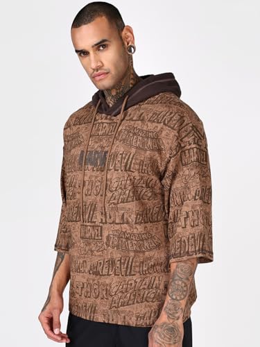 Image of Bewakoof Official Marvel Merchandise Men's All Over Printed Oversized Fit Extended Sleeve Hooded Pure Cotton T-Shirt