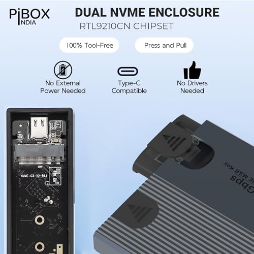 Image of NVME M2 Enclosure Dual, PiBOX India NVMe SSD Enclosure - USB 3.2 10Gbps, Tool-Free M.2 NVMe Case, PCI-E NVMe Reader, USB-C, Supports M & B&M Keys, 2230 /2242 /2260 /2280 SSDs, REALTEK RTL9210 Chipset