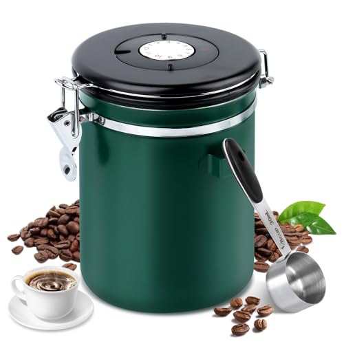Boîte à Café Hermétique en acier Inoxydable,Boîte hermétique pour 1.8L de café en grains avec couvercle sous vide ,Boîte à Café HerméTique ,Récipient avec Cadran de Date et Cuillère Doseuse pour thé