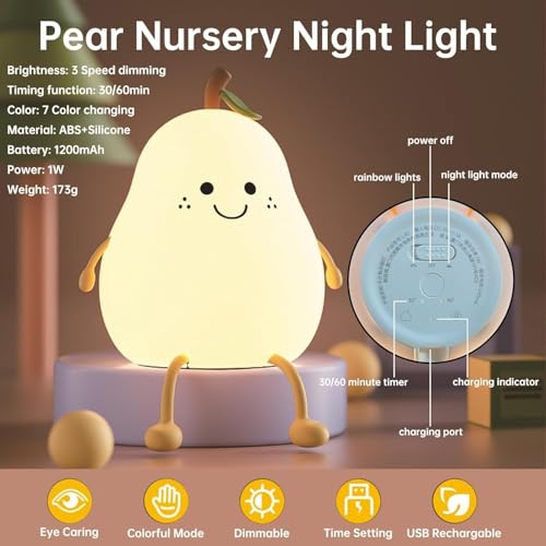 Image of DotCom Kids Night Light Lamp | Rechargeable LED Bedside for Children's Bedroom | Ideal Gift for Boys, Girls, Toddlers, and Nursery (Cute pear lamp)