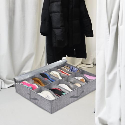 Organizador de zapatos bajo cama de tela gris ideal para ahorrar espacio en dormitorios pequeños 4